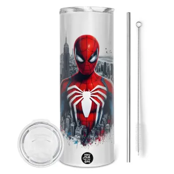 Spiderman City, Tumbler ποτήρι θερμό από ανοξείδωτο ατσάλι 600ml, με μεταλλικό καλαμάκι & βούρτσα καθαρισμού
