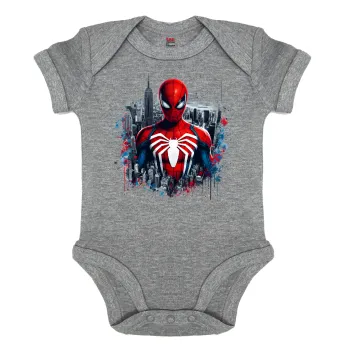 Spiderman City, Βρεφικό φορμάκι μωρού, 0-18 μηνών, ΓΚΡΙ ΜΕΛΑΝΖΕ, 100% Organic Cotton, κοντομάνικο
