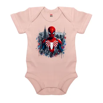 Spiderman City, Βρεφικό φορμάκι μωρού, 0-18 μηνών, ΡΟΖ POWDER, 100% Organic Cotton, κοντομάνικο