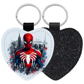 Spiderman City, Μπρελόκ PU δερμάτινο glitter καρδιά ΜΑΥΡΟ