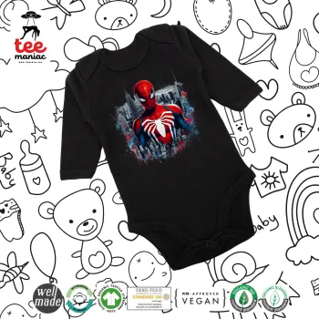 Spiderman City, Μακρυμάνικο βρεφικό φορμάκι, 0-18 μηνών, ΜΑΥΡΟ, 100% Organic Cotton