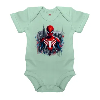 Spiderman City, Βρεφικό φορμάκι μωρού, 0-18 μηνών, mint (Μέντα), 100% Organic Cotton, κοντομάνικο
