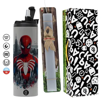 Spiderman City, Easter candle with Grey Tumbler Thermo 600ml & aromatic flat candle (30cm) (GREY)