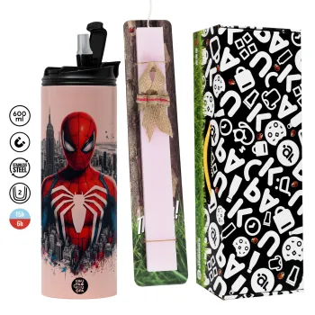 Spiderman City, Πασχαλινή Λαμπάδα με  ΡΟΖ Travel Tumbler θερμό (600ml, BPA free) & κερί αρωματικό πλακέ (30cm) (ΡΟΖ)