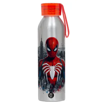 Spiderman City, Αλουμινένιο Αθλητικό Μπουκάλι 650ml – Ασημί με Κόκκινο Καπάκι και Λουράκι Σιλικόνης