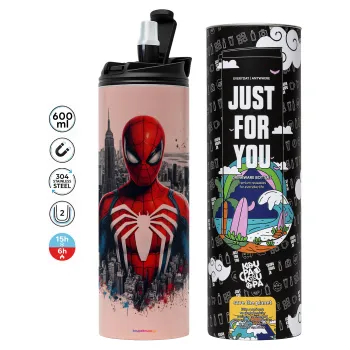 Spiderman City, Tumbler ποτήρι θερμό ΡΟΖ από ανοξείδωτο ατσάλι 600ml