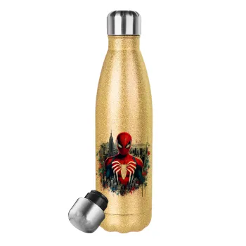 Spiderman City, Glitter gold stainless steel thermos bottle, double-walled, 500ml