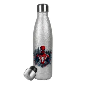 Spiderman City, Metallic Glitter Silver Thermos Flask (Stainless steel), double-walled, 500ml