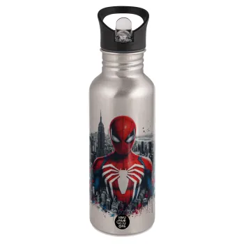 Spiderman City, Water bottle Silver with straw, stainless steel 600ml