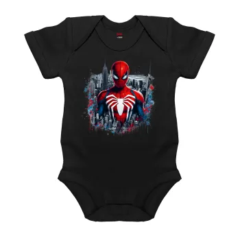 Spiderman City, Βρεφικό φορμάκι μωρού, 0-18 μηνών, ΜΑΥΡΟ, 100% Organic Cotton, κοντομάνικο