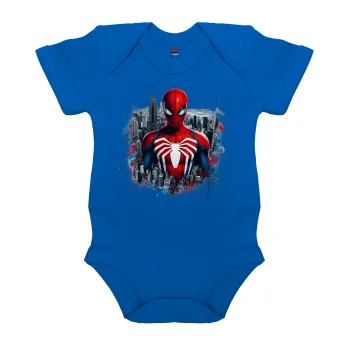 Spiderman City, Βρεφικό φορμάκι μωρού, Μπλε Κοβαλτίου, 100% Organic Cotton, κοντομάνικο