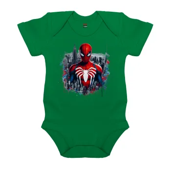 Spiderman City, Βρεφικό φορμάκι μωρού, ΠΡΑΣΙΝΟ, 100% Organic Cotton, κοντομάνικο