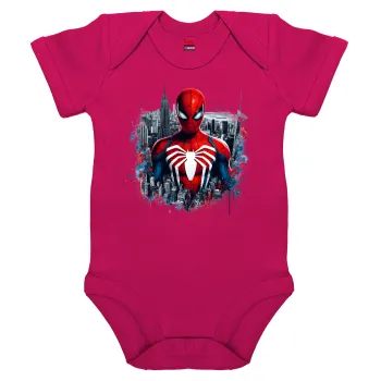 Spiderman City, Βρεφικό φορμάκι μωρού, 0-18 μηνών, ΡΟΖ, 100% Organic Cotton, κοντομάνικο