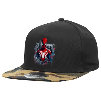 Spiderman City, Καπέλο Ενηλίκων Flat Snapback Μαύρο/Παραλλαγή, (100% ΒΑΜΒΑΚΕΡΟ TWILL, ΕΝΗΛΙΚΩΝ, UNISEX, ONE SIZE)