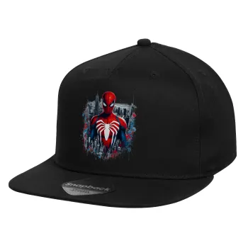Spiderman City, Children's Flat Snapback Hat, Black (100% COTTON, CHILD, UNISEX, ONE SIZE)
