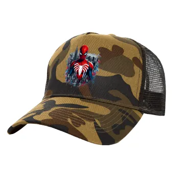 Spiderman City, Adult Structured Trucker Hat, with Mesh, (Camouflage) Army (100% COTTON, ADULT, UNISEX, ONE SIZE)