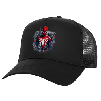 Spiderman City, Structured Trucker Adult Hat, with Mesh, Black (100% COTTON, ADULT, UNISEX, ONE SIZE)