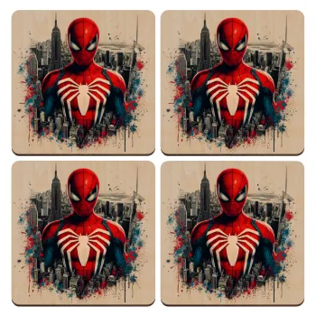 Spiderman City, ΣΕΤ x4 Σουβέρ ξύλινα τετράγωνα plywood (9cm)