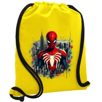 Spiderman City, Τσάντα πλάτης πουγκί GYMBAG Κίτρινη, με τσέπη (40x48cm) & χονδρά κορδόνια