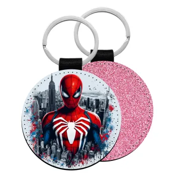 Spiderman City, Μπρελόκ Δερματίνη, στρογγυλό ΡΟΖ (5cm)