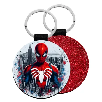Spiderman City, Μπρελόκ Δερματίνη, στρογγυλό ΚΟΚΚΙΝΟ (5cm)