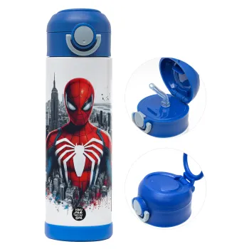 Spiderman City, Children's hot water bottle, stainless steel, with safety straw, BLUE (500ml)