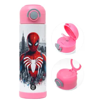 Spiderman City, Children's hot water bottle, stainless steel, with safety straw, PINK (500ml)