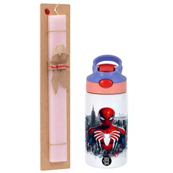 Spiderman City, Πασχαλινή Λαμπάδα με Παιδικό παγούρι θερμό, ανοξείδωτο, με καλαμάκι ασφαλείας, ροζ/μωβ (350ml) & κερί αρωματικό πλακέ (30cm) (ΡΟΖ)