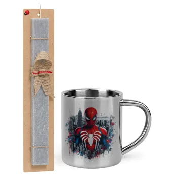 Spiderman City, Πασχαλινή Λαμπάδα με μεταλλική κούπα θερμό (300ml) & κερί αρωματικό πλακέ (30cm) (ΓΚΡΙ)