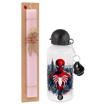 Spiderman City, Πασχαλινή Λαμπάδα με παγούρι μεταλλικό αλουμινίου (500ml) & κερί αρωματικό πλακέ (30cm) (ΡΟΖ)