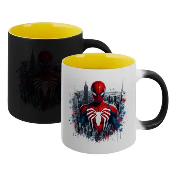 Spiderman City, Κούπα Μαγική εσωτερικό κίτρινη, κεραμική 330ml που αλλάζει χρώμα με το ζεστό ρόφημα