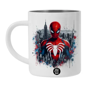 Spiderman City, Λευκή Ανοξείδωτη Μεταλλική Κούπα 450ml - Διπλού Τοιχώματος 