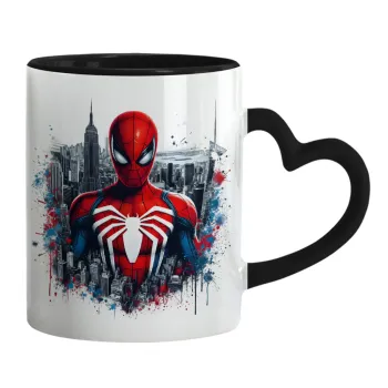 Spiderman City, Κούπα καρδιά χερούλι μαύρη, κεραμική, 330ml