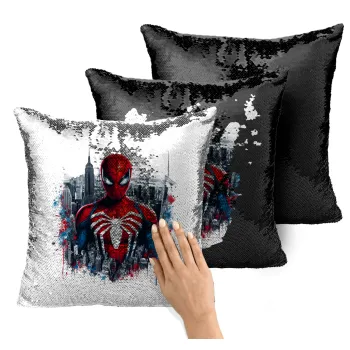 Spiderman City, Μαξιλάρι καναπέ Μαγικό Μαύρο με πούλιες 40x40cm περιέχεται το γέμισμα