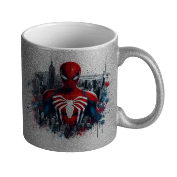 Spiderman City, Κούπα Ασημένια Glitter που γυαλίζει, κεραμική, 330ml