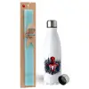 Easter Set, metallic stainless steel water bottle (750ml) & aromatic flat Easter candle (30cm) (TURQUOISE)