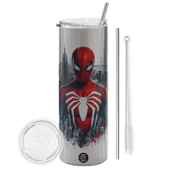 Spiderman City, Tumbler ποτήρι θερμό Ασημένιο από ανοξείδωτο ατσάλι 600ml, με μεταλλικό καλαμάκι & βούρτσα καθαρισμού