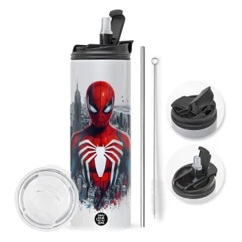 Spiderman City, Travel Tumbler θερμό με διπλό καπάκι, μεταλλικό καλαμάκι και βούρτσα καθαρισμού (Ανωξείδωτο 304 Food grade, BPA free, 600ml)