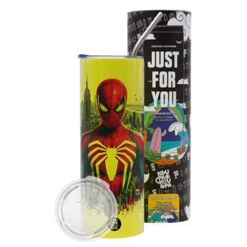 Spiderman City, Neon Yellow Travel Tumbler θερμό, μεταλλικό καλαμάκι(Ανωξείδωτο 304 Food grade, BPA free, 600ml)