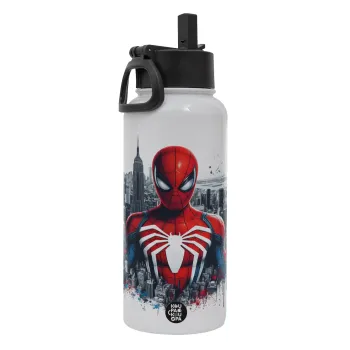 Spiderman City, Metal mug thermo White with Straw and Spout Lid (Stainless steel), double wall, 950ml