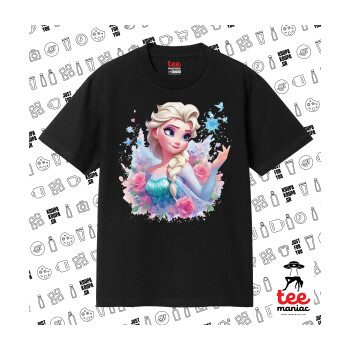 Elsa Princess, Κλασικό T-Shirt, διπλής ραφής, χωρίς πλευρικές ραφές ΜΑΥΡΟ από 100% βαμβάκι. Vegan & OEKO-TEX πιστοποιημένο.