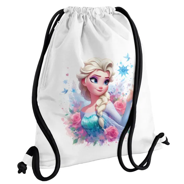 Elsa Princess — Τσάντα πλάτης πουγκί GYMBAG λευκή, με τσέπη (40x48cm) & χονδρά κορδόνια