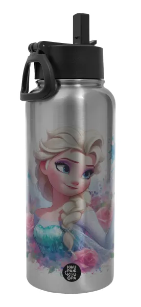Elsa Princess — Metal mug thermo Silver with Straw and Spout Lid (Stainless steel), double wall, 950ml