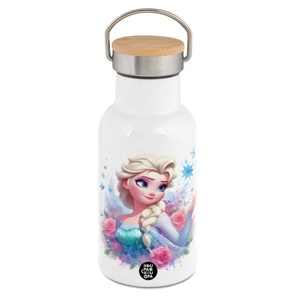 Elsa Princess — Metallic thermos (Stainless steel) White with wooden lid (bamboo), double-walled, 350ml