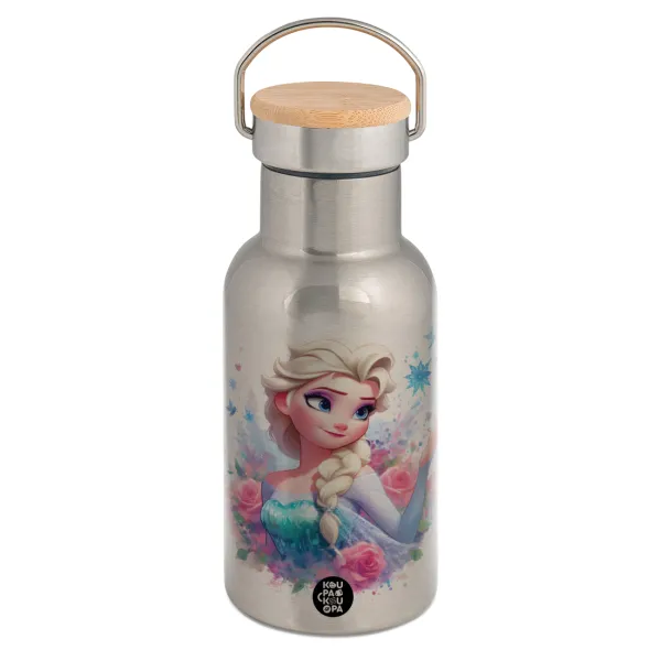 Elsa Princess — Stainless steel metallic thermos flask, silver with a bamboo lid, double-walled, 350ml.