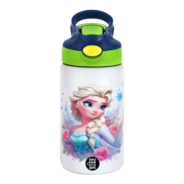 Elsa Princess — Παιδικό παγούρι θερμό, ανοξείδωτο, με καλαμάκι ασφαλείας, πράσινο/μπλε (350ml)