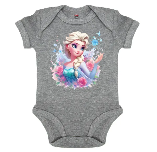 Elsa Princess — Βρεφικό φορμάκι μωρού, 0-18 μηνών, ΓΚΡΙ ΜΕΛΑΝΖΕ, 100% Organic Cotton, κοντομάνικο