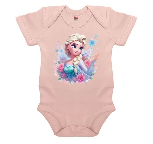 Elsa Princess — Βρεφικό φορμάκι μωρού, 0-18 μηνών, ΡΟΖ POWDER, 100% Organic Cotton, κοντομάνικο