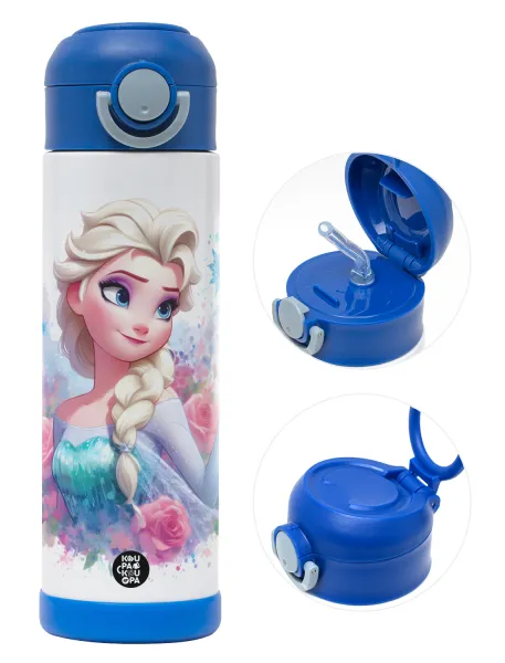 Elsa Princess — Children's hot water bottle, stainless steel, with safety straw, BLUE (500ml)