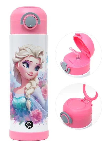 Elsa Princess — Children's hot water bottle, stainless steel, with safety straw, PINK (500ml)